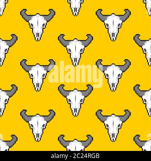 Skull cow pixel art pattern seamless. Skeleton head of bull 8 bit background. vector texture Stock Vector
