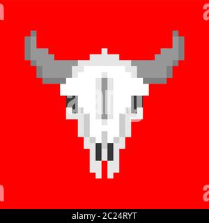 Skull cow pixel art. Skeleton head of bull 8 bit. vector illustration Stock Vector