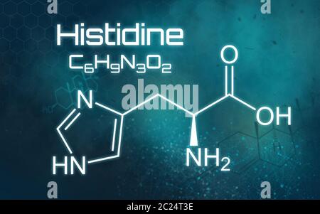 Chemical formula of Histidine on a futuristic background Stock Photo