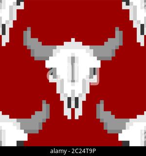 Skull cow pixel art pattern seamless. Skeleton head of bull 8 bit background. vector texture Stock Vector