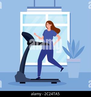 exercise at home, woman running on treadmill, using the house as a gym Stock Vector