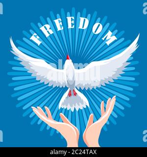 Hands release dove in the air. Freedom concept emblem. Vector illustration. Stock Vector