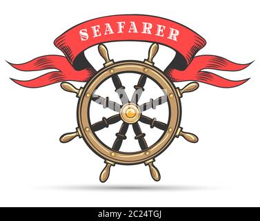 Ship steering wheel and banner with wording Seafarer. Vector illustration. Stock Vector
