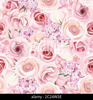 Vector seamless background texture with pink roses, lisianthuses, anemones, lilac and hydrangea flowers. Stock Vector
