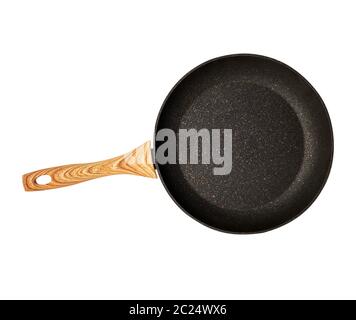 new empty frying pan with a brown handle isolated on a white background, bottom with a crumb of stone and marble Stock Photo