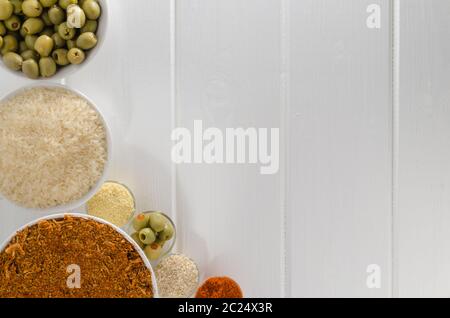 Spices on white wood, focus on all Stock Photo