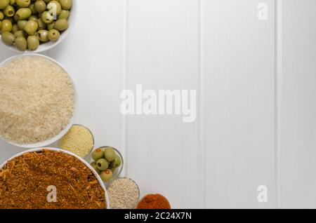 Spices on white wood, focus on all Stock Photo