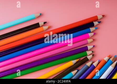 Student material on pink table back to school Stock Photo