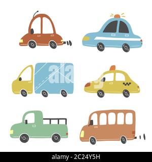 Set of cartoon cute kids and toy style cars and other transport, truck, taxi, fire truck, ship, excavator, bus, air balloon. Isolated vector illustration. Stock Vector