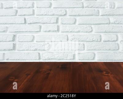 brown wood table with white brick wall texture background. Stock Photo