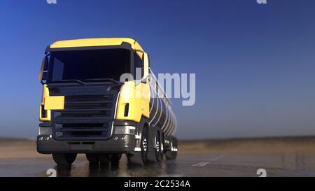 Yellow Fuel Tanker Truck on highway. Gasoline tanker. 3d rendering Stock Photo