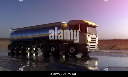 Gasoline tanker, Oil trailer, truck on highway. 3d rendering Stock Photo