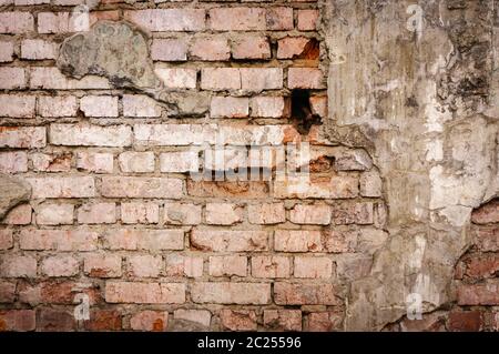 Empty Old Brick Wall Texture. Painted Distressed Wall Surface. Grungy Wide Brickwall. Grunge Red Stonewall Background. Shabby Bu Stock Photo