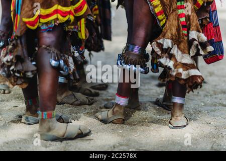 The Bull Jumping Ceremony by the unidentified Hamer tribe members in Omo valley, Ethiopia Stock Photo