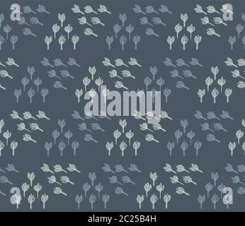 Winter Grey Garden Leaf Seamless Pattern. Tossed Hand Drawn Flower Petal Stem for Trendy Background. Steel Gray Cool Blue Muted Tone. All Over Print Stock Vector