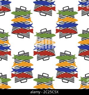 Grilled Sardines Fish Seamless Vector Pattern. Traditional BBQ Motif for Lisbon St Anthony Portugese Food Festival. Graphic for Hot Barbeque Recipe Stock Vector