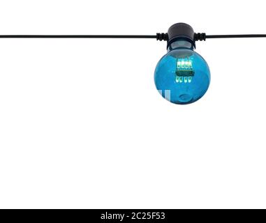 Blue color lightbulb on string isolated Stock Photo