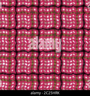 1950s Wavy Gingham Seamless Vector Repeat Pattern Background. Red and White Printed with Distorded Stripe. Classic Retro Fashion, Picnic Table Cloth Stock Vector