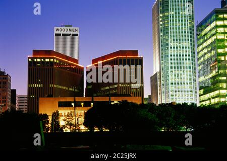 Skyline viewed from Gene Leahy Mall, Omaha, Nebraska, USA Stock Photo