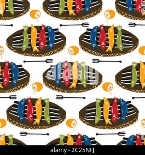 Grilled Sardines Fish Seamless Vector Pattern. Traditional BBQ Motif for Lisbon St Anthony Portugese Food Festival. Graphic for Hot Barbeque Recipe Stock Vector