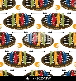 Grilled Sardines Fish Seamless Vector Pattern. Traditional BBQ Motif for Lisbon St Anthony Portugese Food Festival. Graphic for Hot Barbeque Recipe Stock Vector