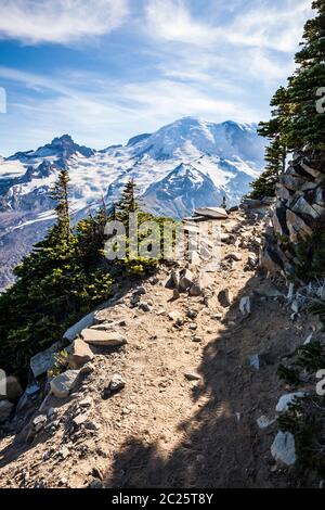 Hikers on the Burroughs Mountain trail between 1st and 2nd Burroughs Mountains, Mount Rainier National Park, Washington, USA. Stock Photo