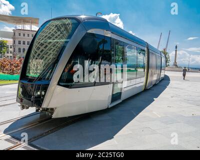 RIO DE JANEIRO, BRAZIL - MARCH 18, 2016 - New Rio de Janeiro tram in test in Maua square (praca Maua)
