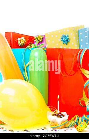 Colorful birthday gift boxes isolated on white background. Birthday Stock Photo
