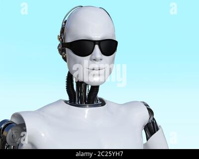 3D rendering of a male robot looking cool and relaxed wearing a pair of black sunglasses. Stock Photo
