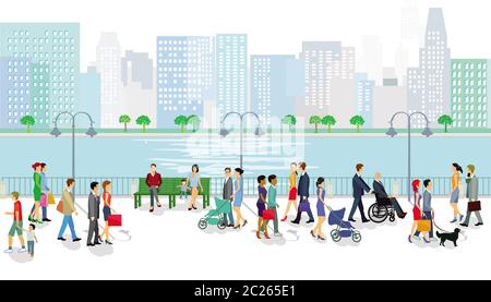 People walking by the river with cityscape in the background Stock Photo