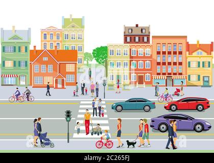 cars, traffic jam, intersection, bus, commuter traffic, background, crossing, person, caution, signals, city, road, roads, symbol, town, transport, vector, transport, traffic signs, running, sign, public, public transport, illustration Stock Photo