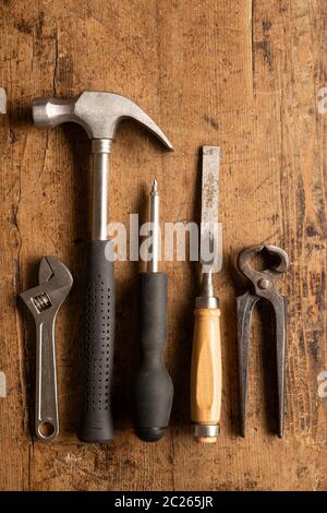 Different tools on a wooden vintage background Stock Photo