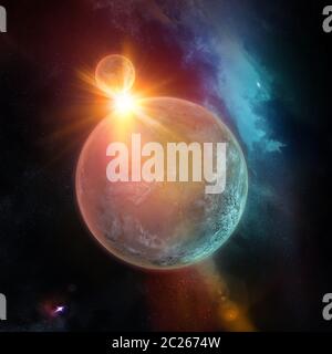Celestial Art, planets with sun at behind, stars and galaxies in outer space showing the beauty of space exploration. Stock Photo