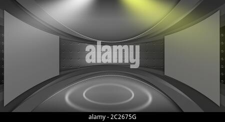 Modern Digital Studio with Lighting on Empty Frames and Center Stage Stock Photo