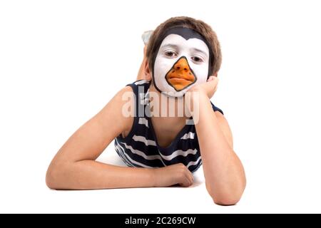 Boy with animal face-paint isolated in white Stock Photo