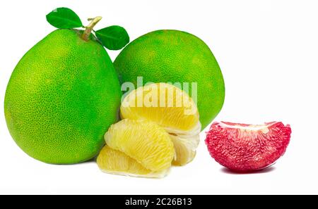 Red pomelo pulp with seeds isolated on white background. Thailand Siam ruby pomelo fruit. Natural source of vitamin C (antioxidants) and potassium. He Stock Photo