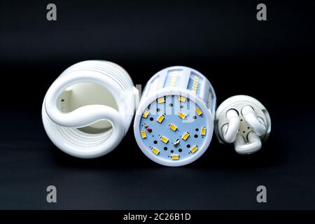 Three type of LED lamp on black background Stock Photo