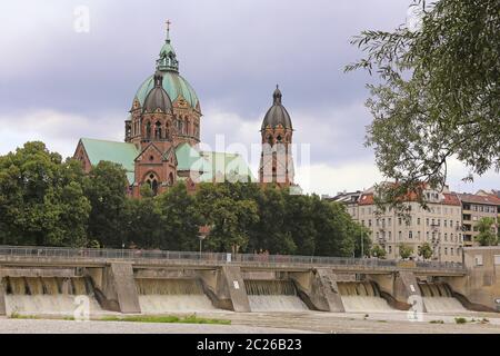 Isarwehr and St. Luke's Church in Munich Stock Photo