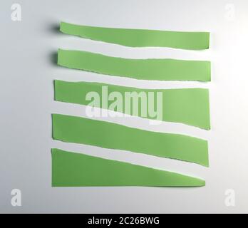 various torn pieces of green strips of paper on a white background, close up Stock Photo