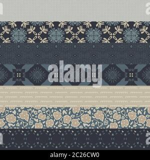 Winter Patchwork Stripe Seamless Pattern. Hand Drawn Ditsy Floral Quilt Background. Neutral muted tones. Moody Prairie Winter Style. All Over Print Stock Vector