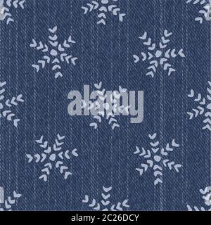 Raw Denim Blue Chambray Texture Background with Printed White Winter Snowflake. Indigo Marl Seamless Pattern. Holiday background with Hand Drawn Flake Stock Vector