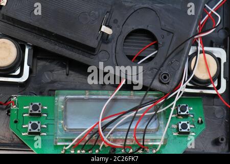 Open circuit board with many chips, wires and display components Stock Photo
