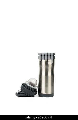 Silver thermos bottle with opened cap isolated on white background with copy space Stock Photo