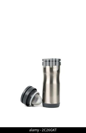 Silver thermos bottle with opened cap on white background with copy space Stock Photo