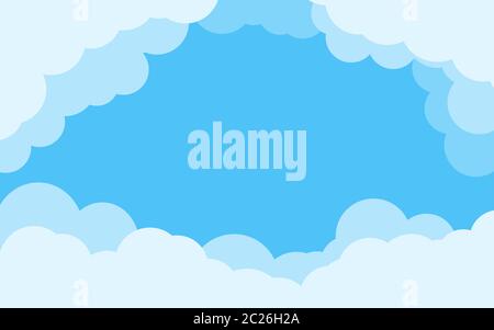 Cover blue sky with border of white clouds. Background cartoon flat style of air backdrop. Cloudy heaven scene layered effect. Abstract text box for poster, flyer, postcard, banner Vector illustration Stock Vector