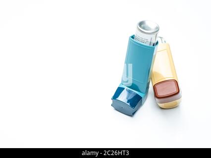 Asthma inhaler. Asthma controller, reliever equipment. Steroids and bronchodilator drug for asthma and chronic bronchitis. Budesonide aerosol CFC free Stock Photo