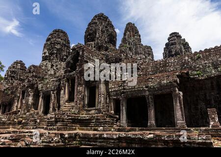 Bayon, courtyard of Bayon, Buddhist temple of ancient Khmer Empire, at centre of Angkor Thom ruins, Siem Reap, Cambodia, Southeast Asia, Asia Stock Photo