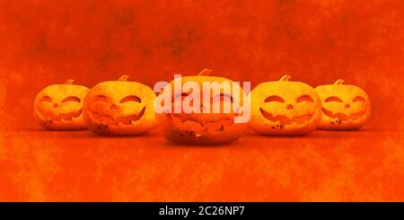 Grunge Halloween Background with Evil Grinning Pumpkins Stock Photo
