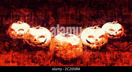 Grunge Halloween Background with Evil Grinning Pumpkins Stock Photo