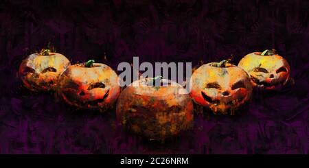 Grunge Halloween Background with Evil Grinning Pumpkins Stock Photo